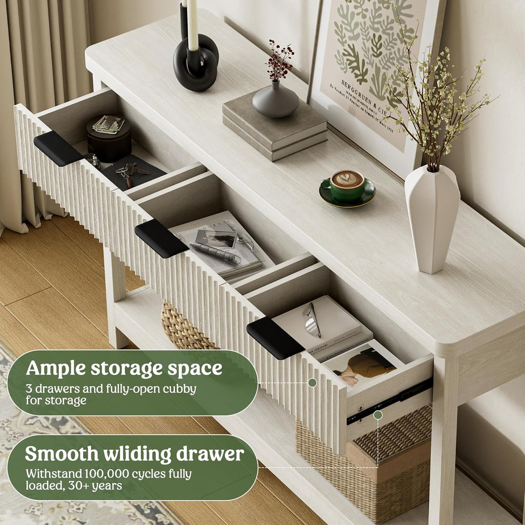Lulive Fluted Console Table, 51 Inch Entryway Table with 3 Drawers | Scandi farmhouse look with quiet full-extension slides, open lower shelf, profile for hallway, entry, foyer or behind sofa.