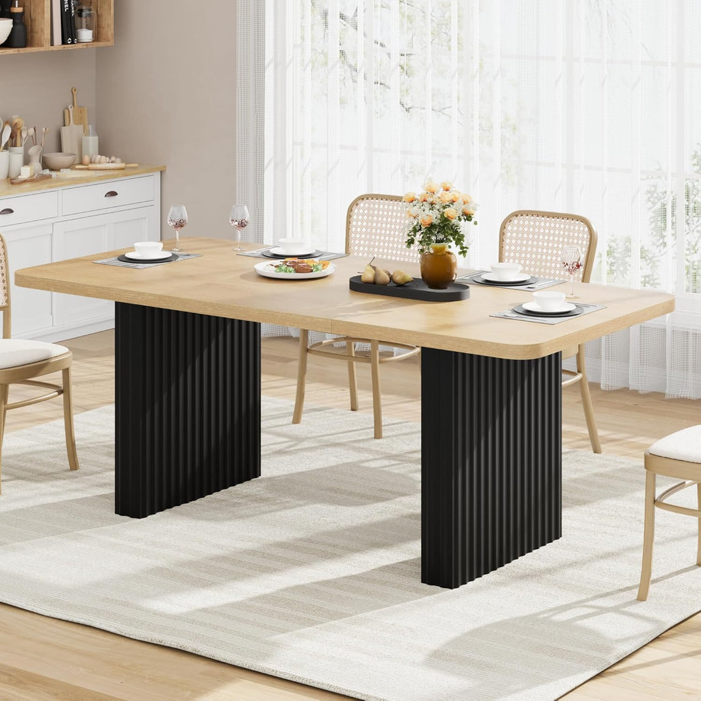 Garvee Modern Dining Table for 6-8, 71" Rectangular Farmhouse Kitchen Table with 3.6"×22.9" Black Fluted Wave Metal Legs & Wooden Top, Large Dining Table for Home Office, Dining, Natural