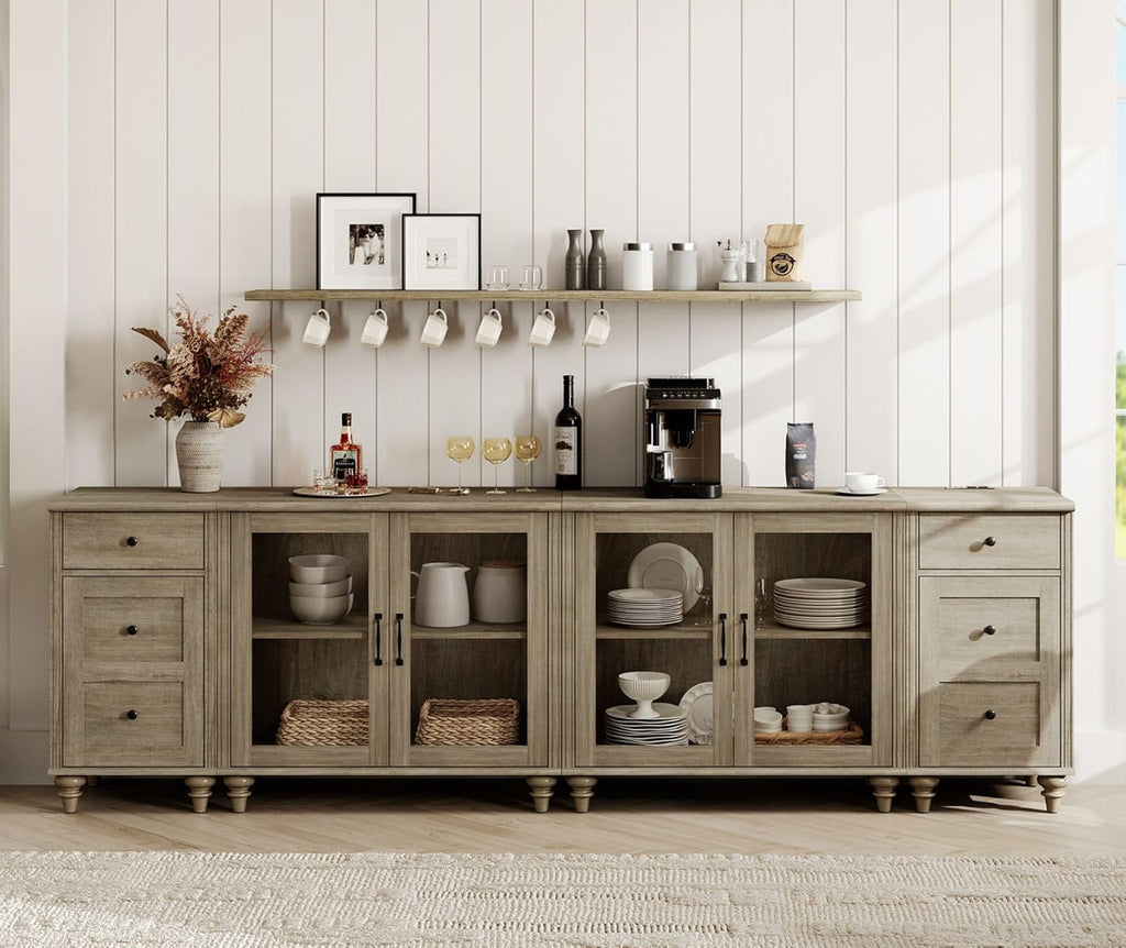 WAMPAT Sideboard Buffet Cabinets with 4-Glass Door, 4-in-1 Kitchen Storage Cabinets with Charging Station, Wood Coffee Bar Table with Adjustable Shelf & 2 Drawers for Dining Room, Living Room, Grey