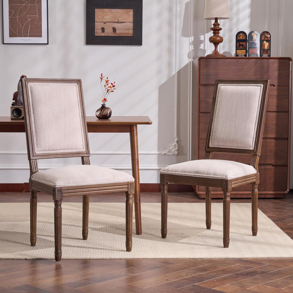 Christopher Knight Home Regina French Country Dining Chairs Set of 2, Wooden Dining Room Chair, High Back Kitchen Side Chair, Fabric Upholstered Armless Extra Seat, Beige+Walnut