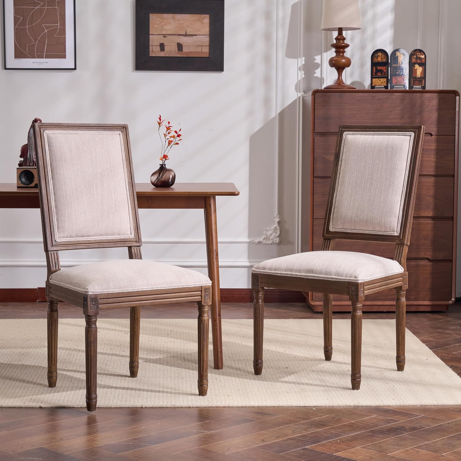 Christopher Knight Home Regina French Country Dining Chairs Set of 2, Wooden Dining Room Chair, High Back Kitchen Side Chair, Fabric Upholstered Armless Extra Seat, Beige+Walnut