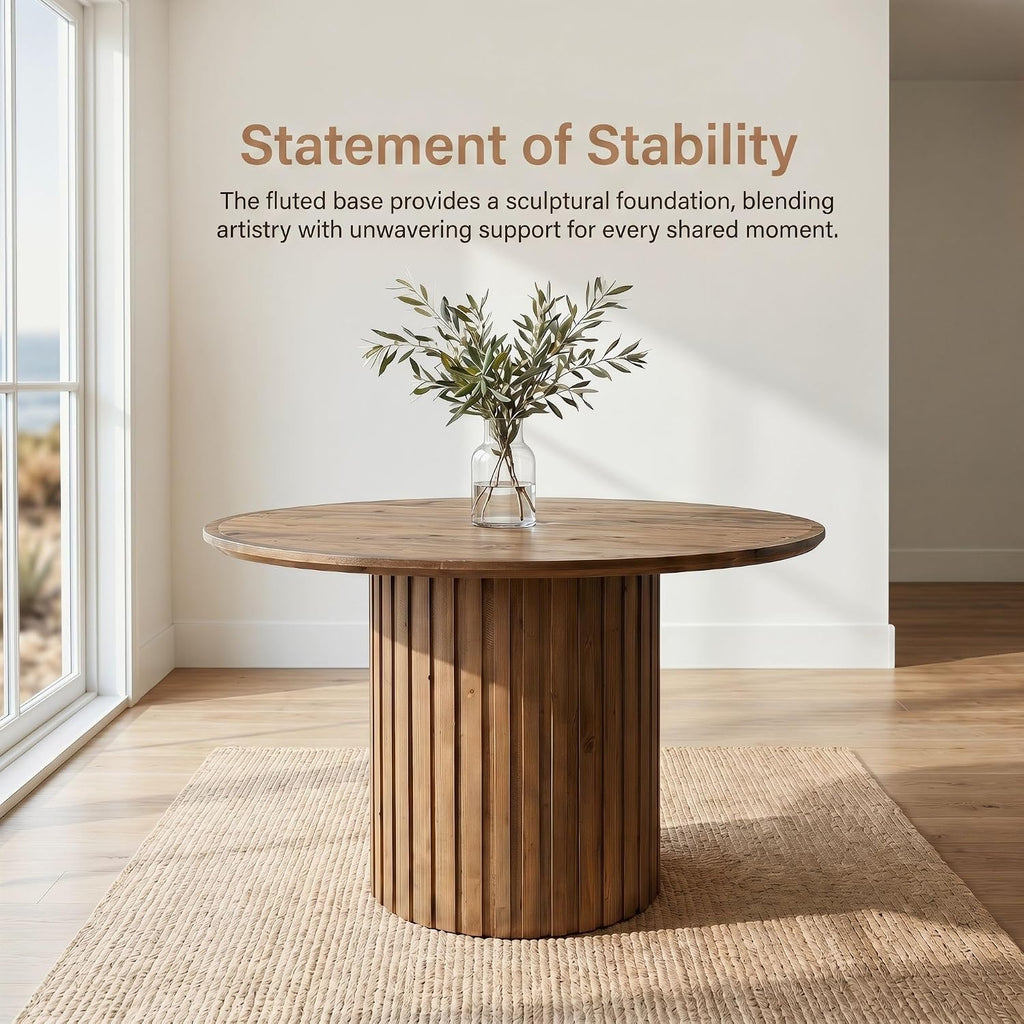 Reclaimed Round Pedestal Dining Table for 4-6 People, 47 Inch Wood Farmhouse Kitchen Table with Fluted Base, Rustic Circular Dining Table for Dining Room, Kitchen & Restaurant, Walnut