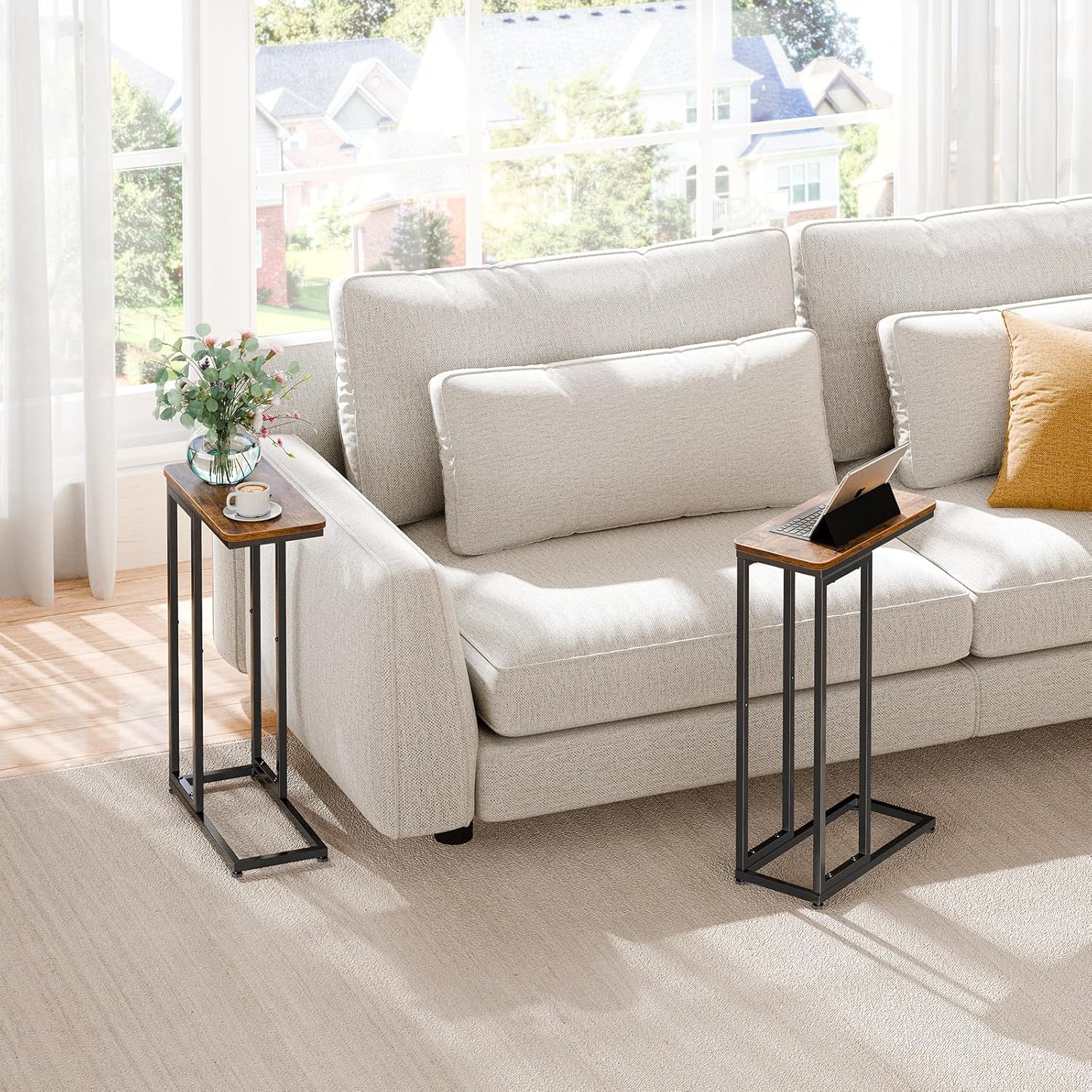 Simple Trending C Shaped Side Table, End Table Set of 2, Sofa Couch Table TV Tray for Living Room, Small Space, Rustic Brown