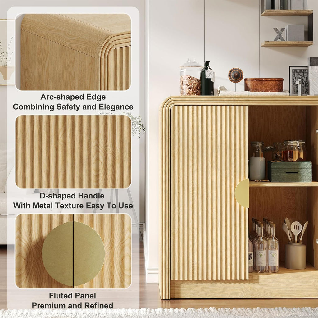 Decofy 55" Buffet Sideboard Cabinet, Mid Century Modern Console Cabinet with Wavy Grain Doors & Adjustable Shelves for Kitchen Cabinets, Living Room, Entryway, Coffee Bar Cabinet, Natural Oak