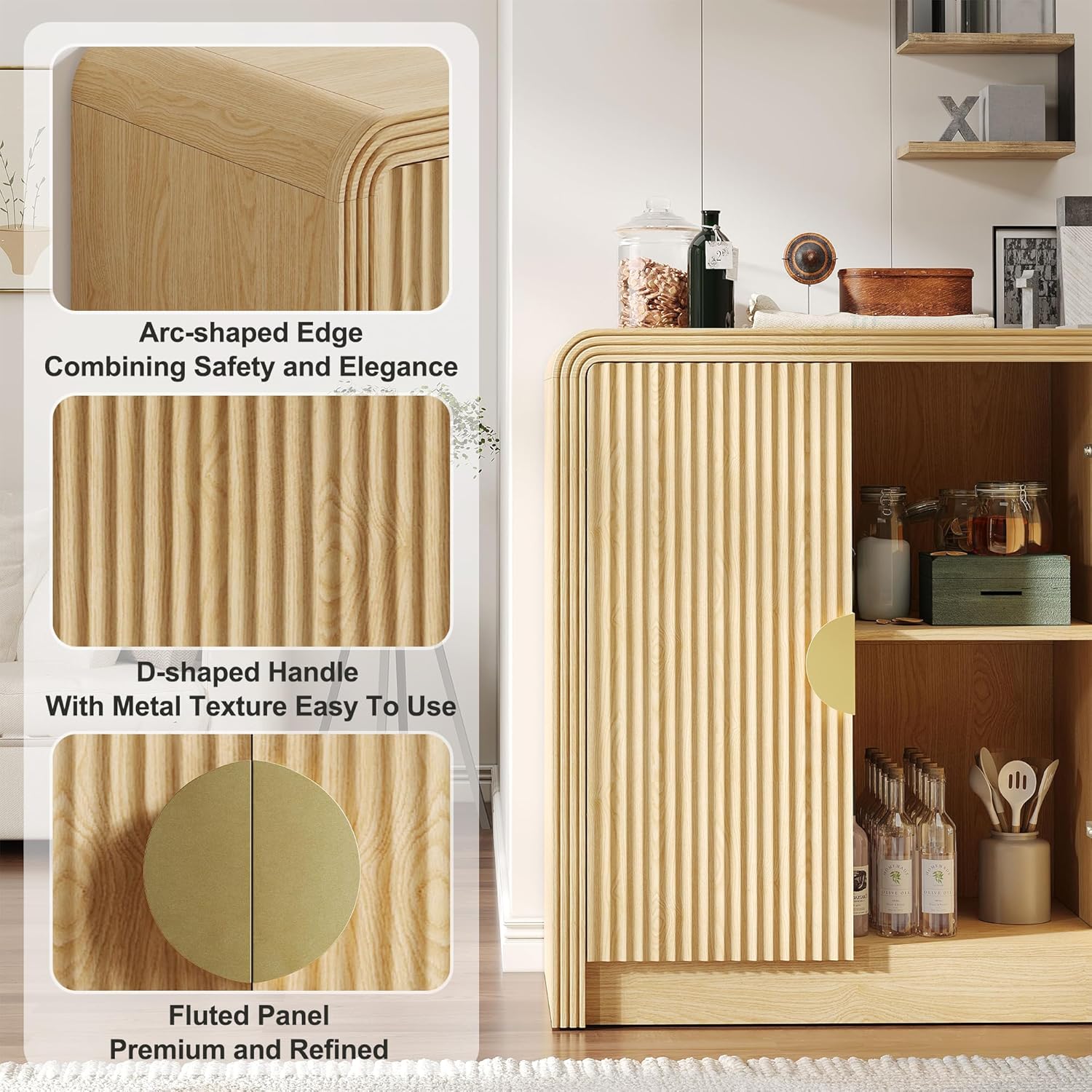 Decofy 55" Buffet Sideboard Cabinet, Mid Century Modern Console Cabinet with Wavy Grain Doors & Adjustable Shelves for Kitchen Cabinets, Living Room, Entryway, Coffee Bar Cabinet, Natural Oak