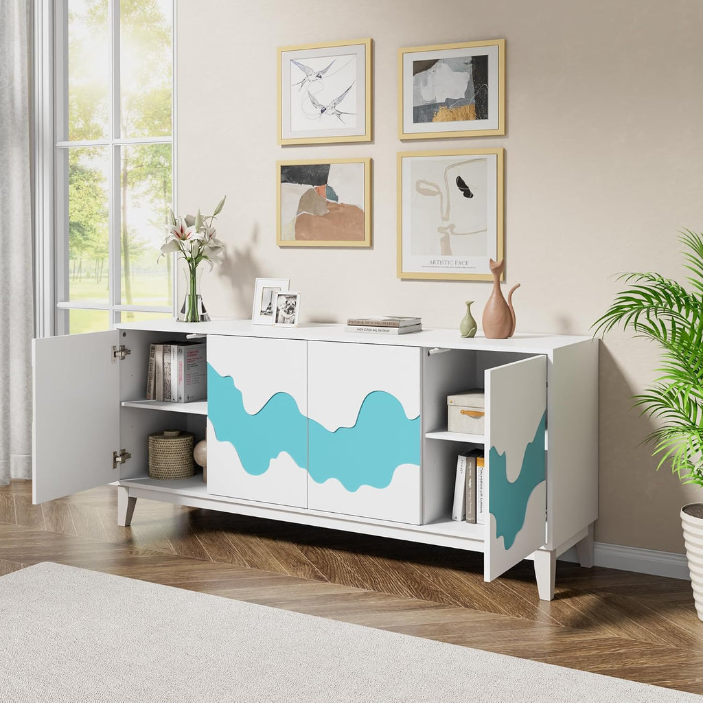 Anbuy Modern 4 Door Sideboard Buffet Cabinet with Storage Blue Water Stream Design - Versatile Storage Solution for Kitchen, Living Room, Bedroom, Coffee Bar (White and Blue)