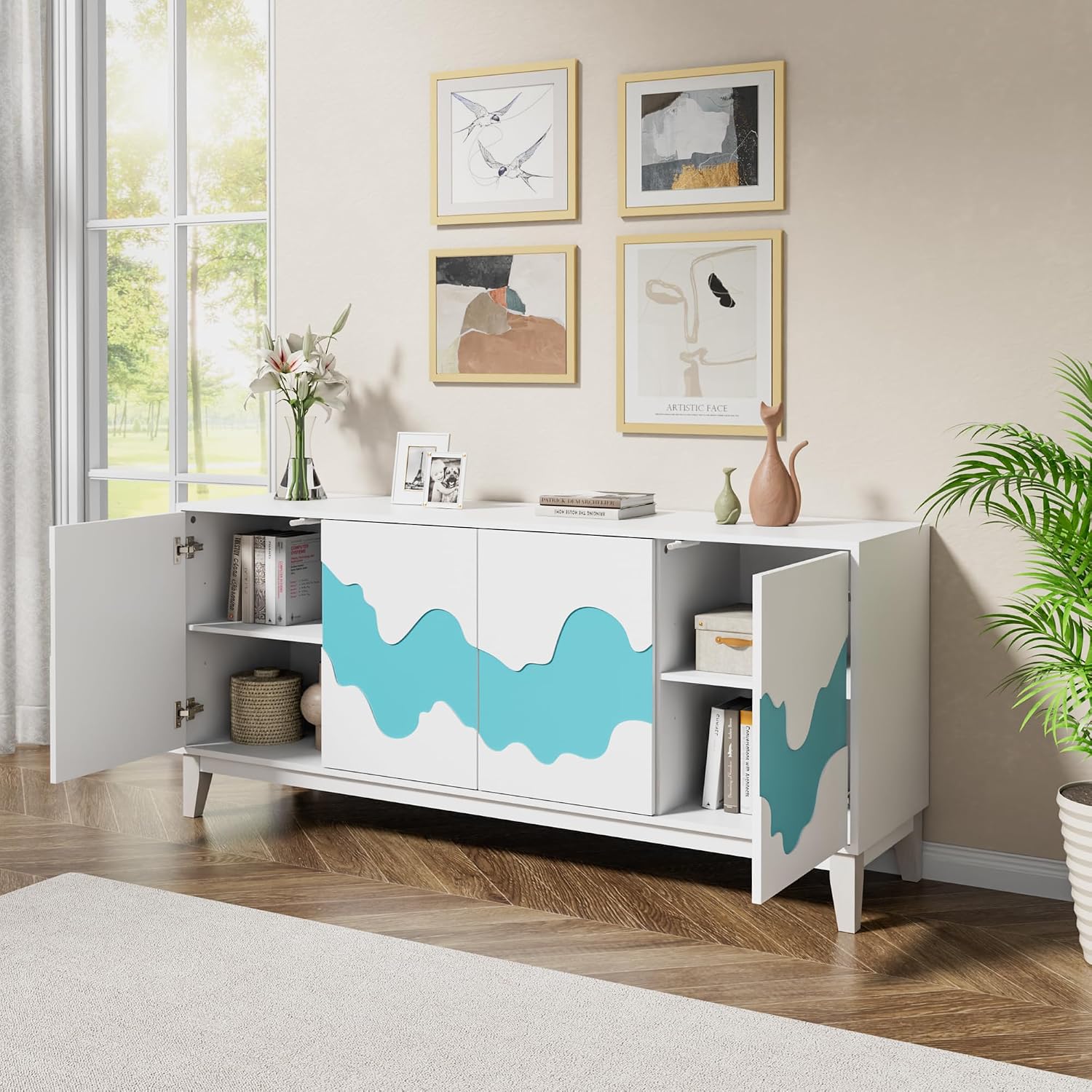 Anbuy Modern 4 Door Sideboard Buffet Cabinet with Storage Blue Water Stream Design - Versatile Storage Solution for Kitchen, Living Room, Bedroom, Coffee Bar (White and Blue)