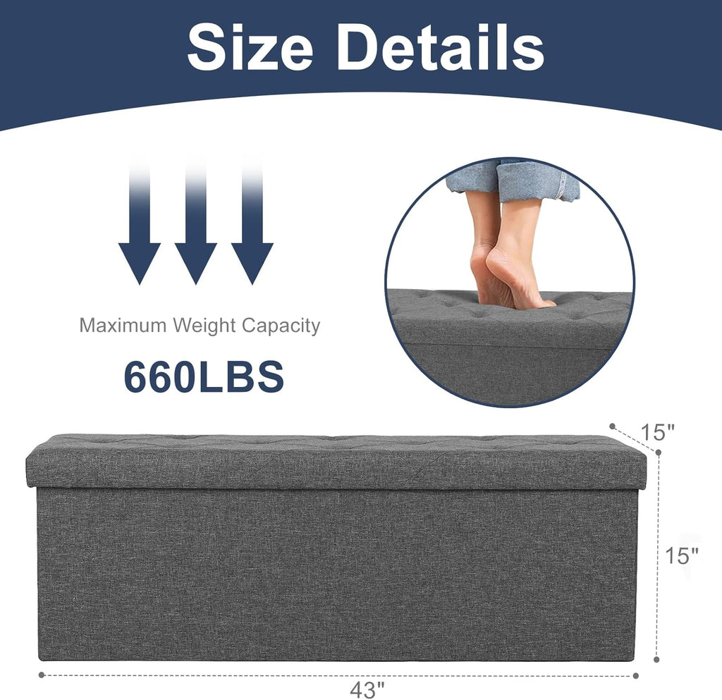 DUMOS 43 Inch Folding Storage Ottoman Bench, Upholstered Ottoman with Storage Holds 660 lbs, End of Bed Foot Rest Stool for Bedroom, Living Room, Entryway, Linen Fabric, Grey