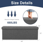 DUMOS 43 Inch Folding Storage Ottoman Bench, Upholstered Ottoman with Storage Holds 660 lbs, End of Bed Foot Rest Stool for Bedroom, Living Room, Entryway, Linen Fabric, Grey