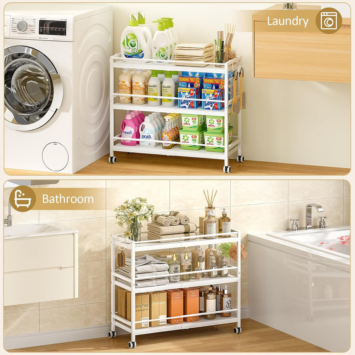 3-Tier Expandable Rolling Pantry Organizers and Storage Cart with Wheels, Adjustable Pantry Floor Organizer, Snack Cart for Pantry, Kitchen Storage Cart with 4 Hooks for Snack, Food, Vegetables, White