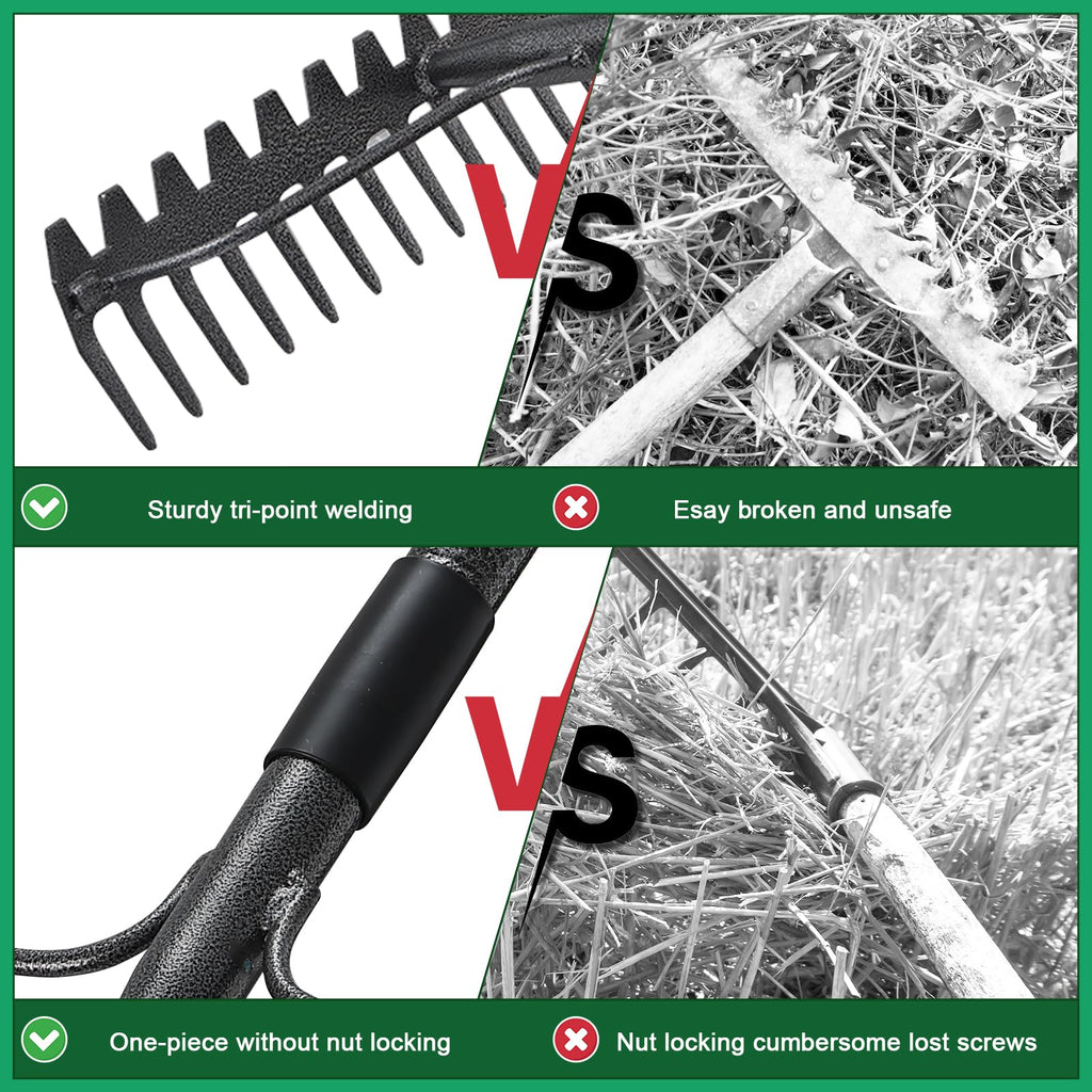 63'' Bow Rake ，17 Tines Metal Head Rakes with Stainless Steel Handle，Heavy Duty Garden Rake for Loosening Soil Gathering Leaf Leveling Lawn Farming Land Management Yarn Thatch Rake