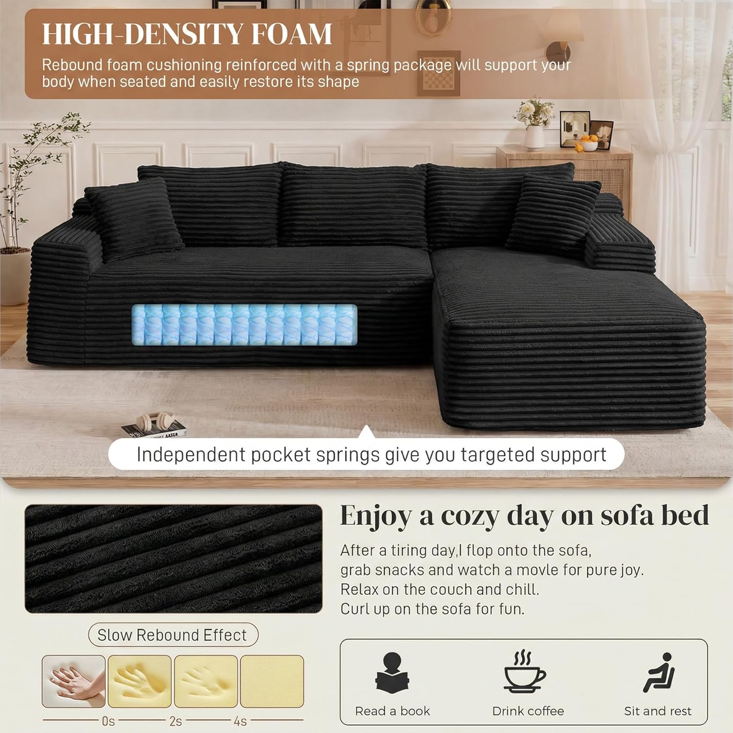 95" L Shaped Cloud Sectional Couches for Living Room, Modern Comfy Modular Deep Seat Memory Foam Compressed Corduroy Sofa Oversized Right Facing Chaise, No Assembly Required, Balck