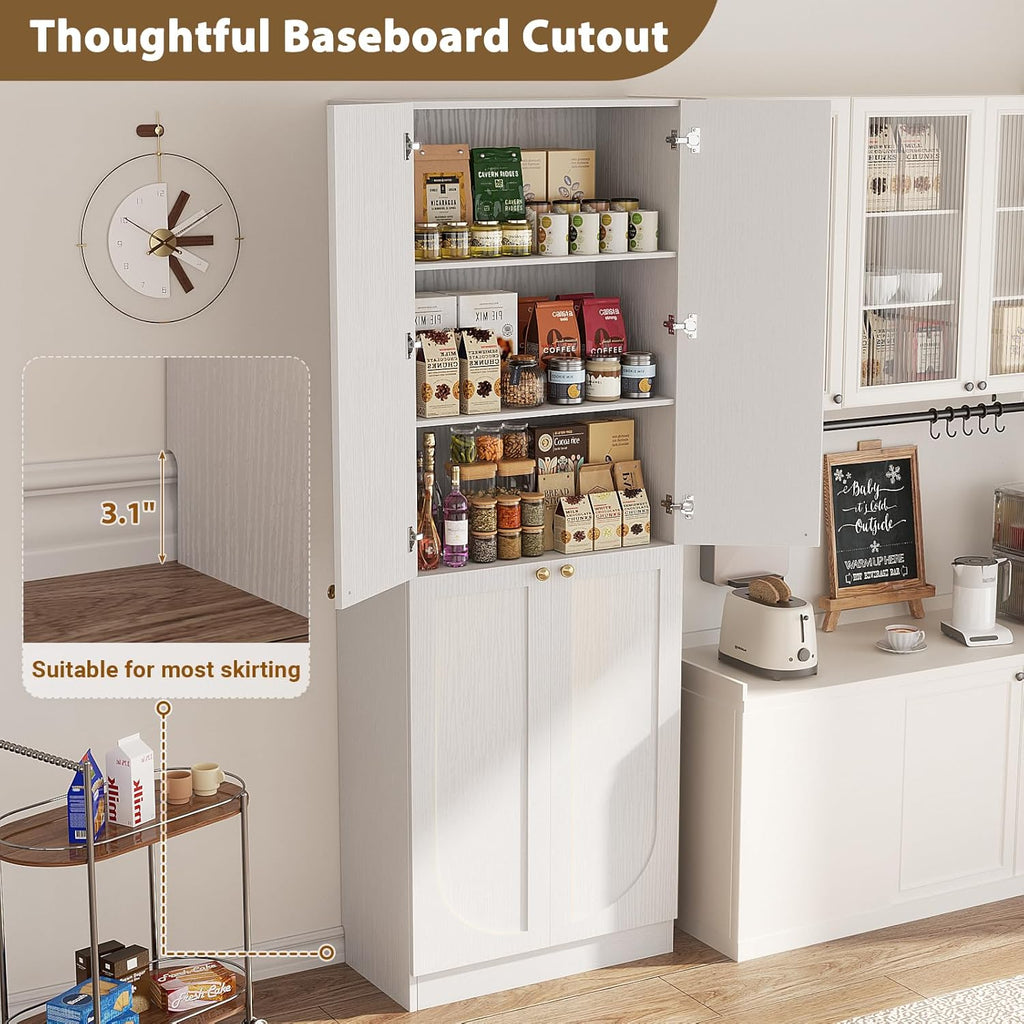 Cyclysio 80" Kitchen Pantry with 4 Soft Close Doors, Seamless Fit Wall | Extra Tall Arch Storage Cabinet with Adjustable Shelves, Freestanding Wood Cupboard for Dining Living Room Bathroom Furniture