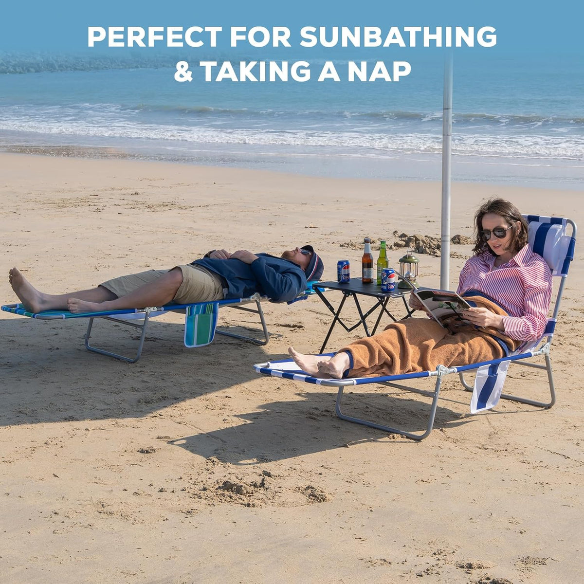 Romswi 2PK Folding Tanning Beach Chair with Face Hole, 5-Position Reclining Sun Lounger, Portable Face Down Tanning Chair with Arm Holes & Side Pocket for Beach, Pool, Patio, Navy and White Stripe