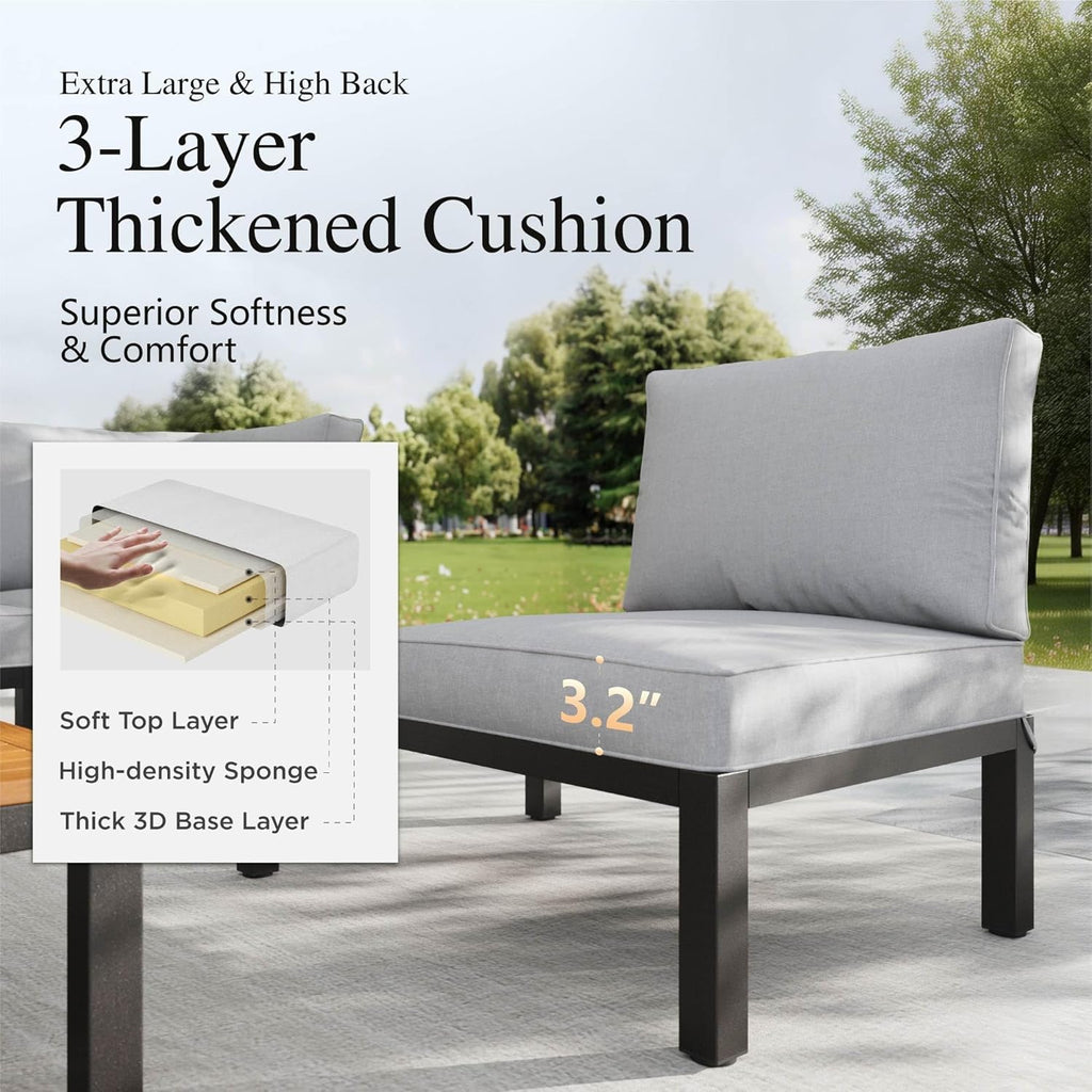 Sophia & William 7 Piece Metal Outdoor Sectional Sofa with Cushion, Patio Furniture Set with 4 x Single Sofa with Side Table, 2 x Coffee Table, Modern L-Shape Outdoor Couch for Deck Garden Backyard