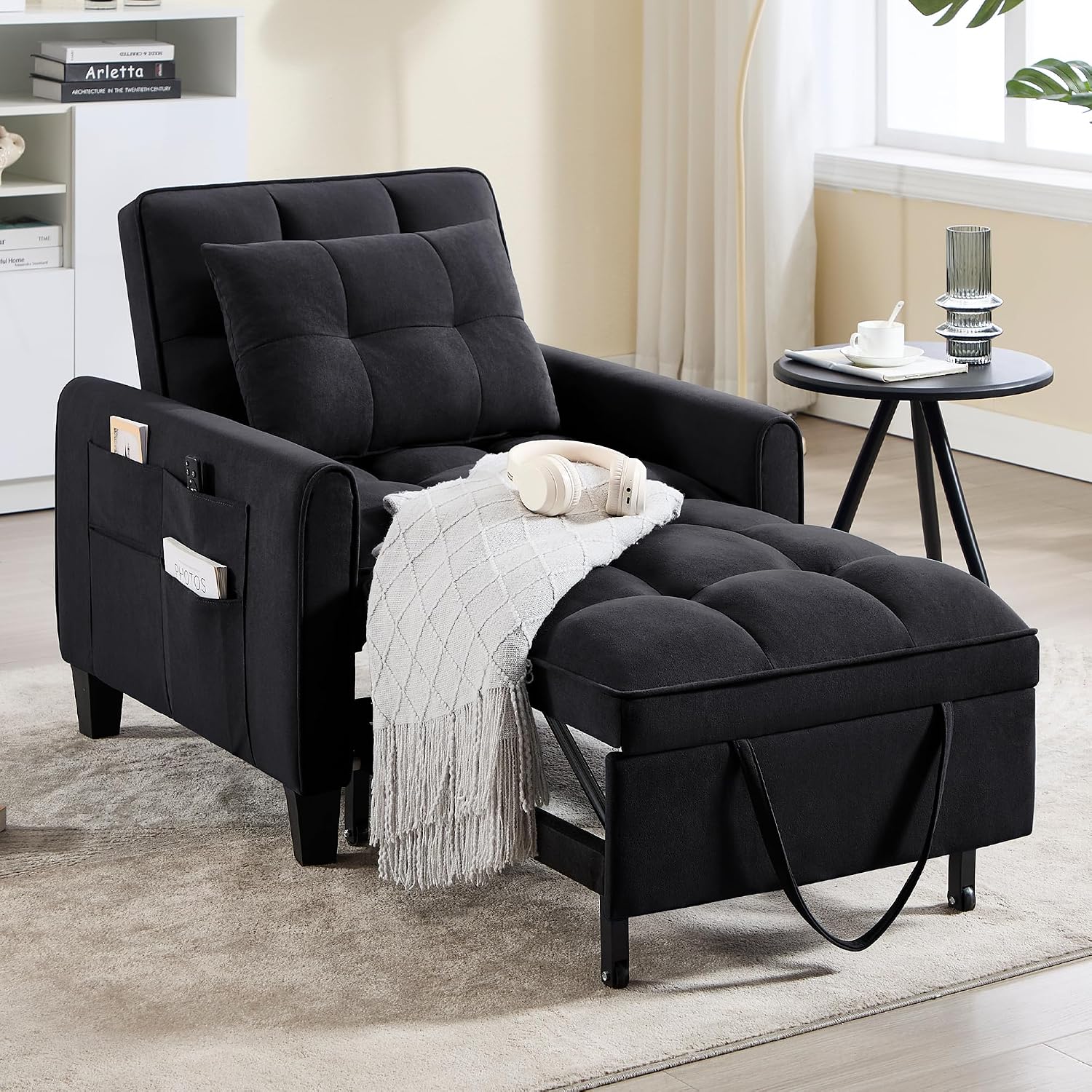 Convertible Sleeper Chair, 3 in 1 Sleeper Chair Bed Pull Out Sofa Bed Chairs, Single Sofa with Adjustable Backrest for Adults Reading Living Room, Bedroom, Velvet Black