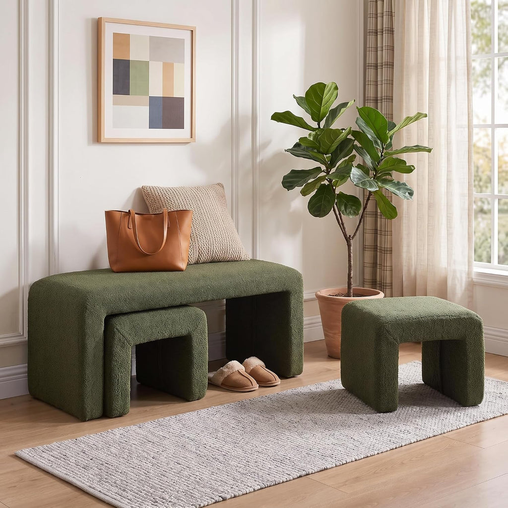 LukeAlon 3-Piece Nesting Ottoman Bench Set, 40.5" Wide Upholstered End of Bed Bench with 2 Small Stools Sherpa Comfy Entry Bench Vanity Stools Modern Arched Bench for Living Room Bedroom, Green