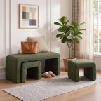 LukeAlon 3-Piece Nesting Ottoman Bench Set, 40.5" Wide Upholstered End of Bed Bench with 2 Small Stools Sherpa Comfy Entry Bench Vanity Stools Modern Arched Bench for Living Room Bedroom, Green