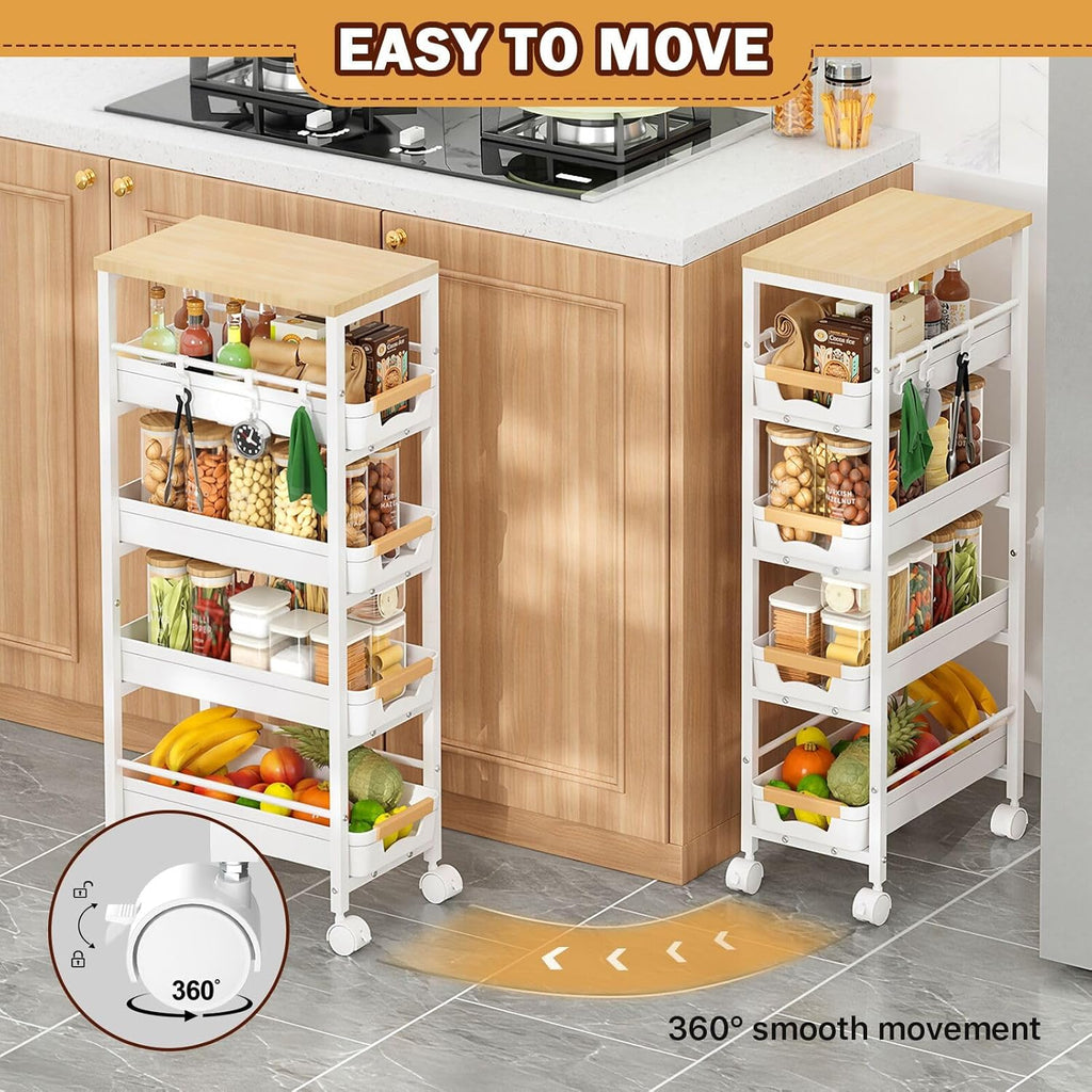 SUNALLY Slim Storage Cart with Wheels, Narrow Kitchen Rolling Cart, White | 5-Tier Skinny Rolling Cart with Wooden Top & Lockable Wheels, Storage Organizer for Bathroom, Laundry Room, Narrow Space