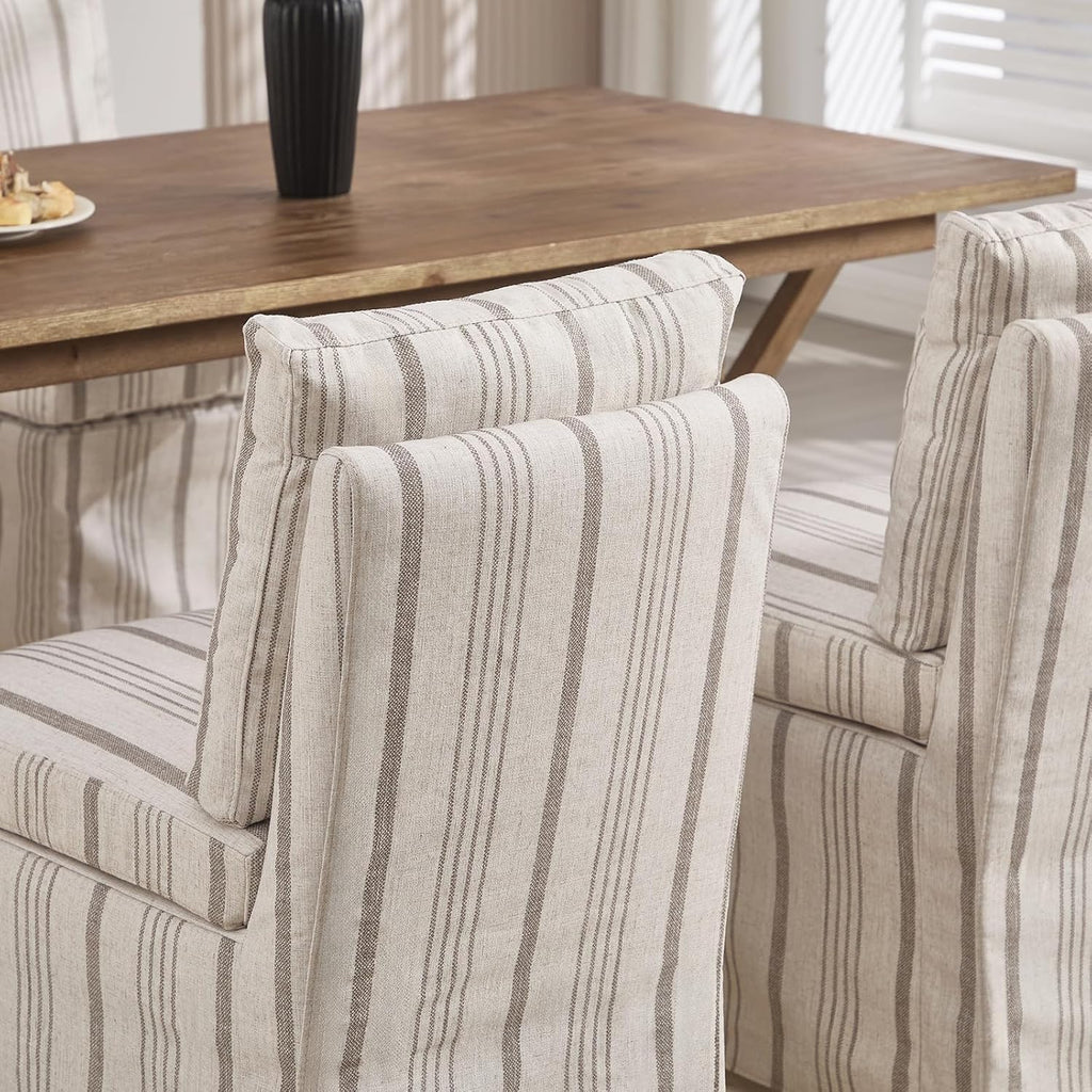 Upholstered Dining Chairs Set of 2 Slipcovered Armless Dining Chair with Solid Wood Legs, Soft Padded Upholstered Side Chair for Dining/Living/Readin Room, Banquet, Khaki Stripe