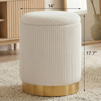 Joveco 14" Round Storage Ottoman for Dorm with Reversible Lid Tray | Beige Corduroy Footrest Stool with Gold Metal Base, Modern Small Ottoman Coffee Table & Side Table for Bedroom Living Room