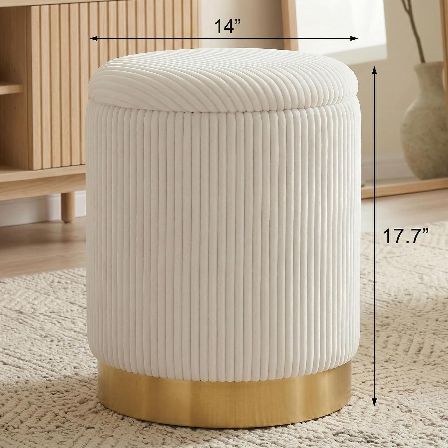 Joveco 14" Round Storage Ottoman for Dorm with Reversible Lid Tray | Beige Corduroy Footrest Stool with Gold Metal Base, Modern Small Ottoman Coffee Table & Side Table for Bedroom Living Room
