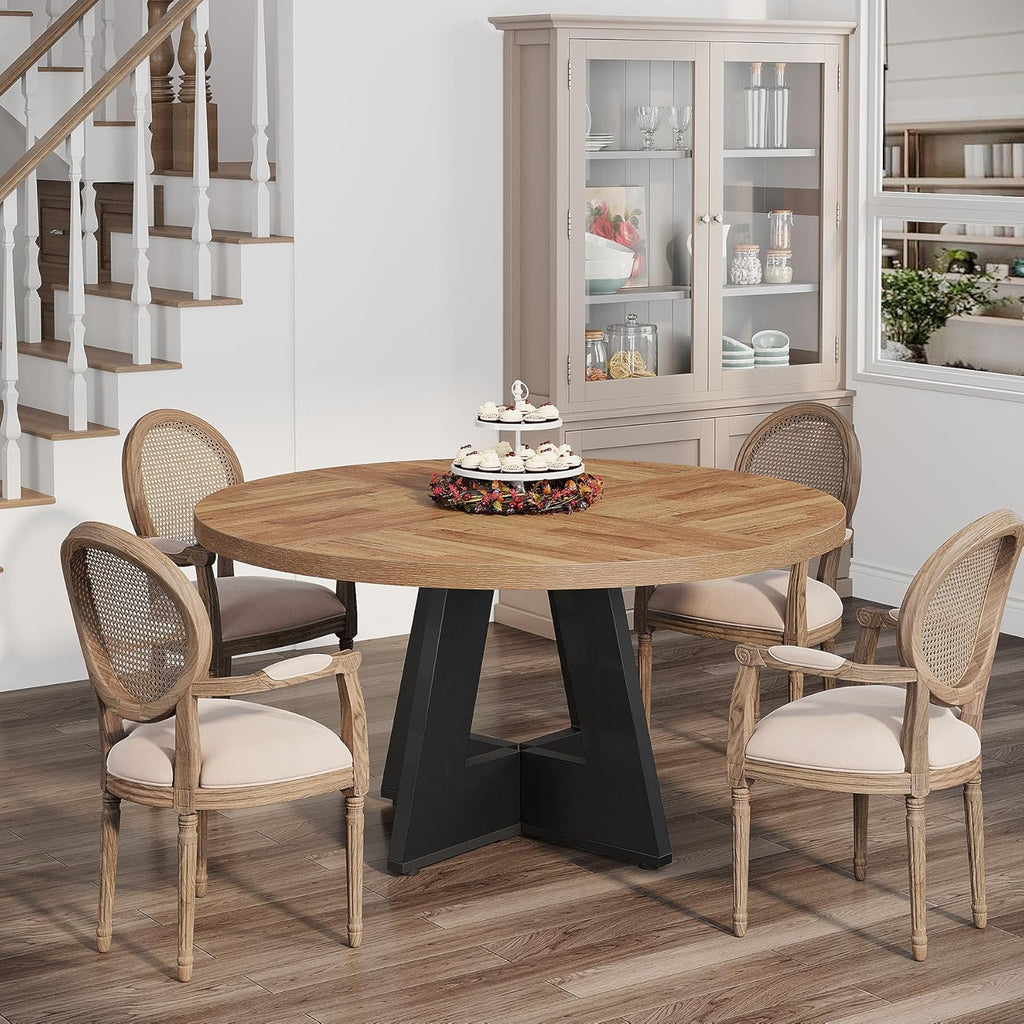 Tribesigns 47 inch Round Dining Table Wood Kitchen Table for Dining Room, 47" Dinner Room Tables for 4-6, Farmhouse Accent Furniture with Wooden Tabletop and Cross Base, Brown+Black