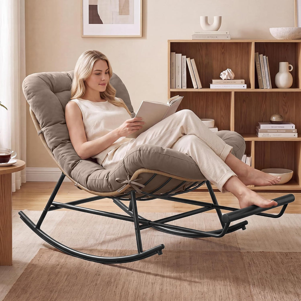 VASAGLE Outdoor Rocking Chair with Extendable Footrest, Removable Cushion | Papasan Chair, Outdoor Furniture, Heavy Duty Rocker, for Porch Patio Garden, Beige, TEOU Collection ULYY062LZ01V1