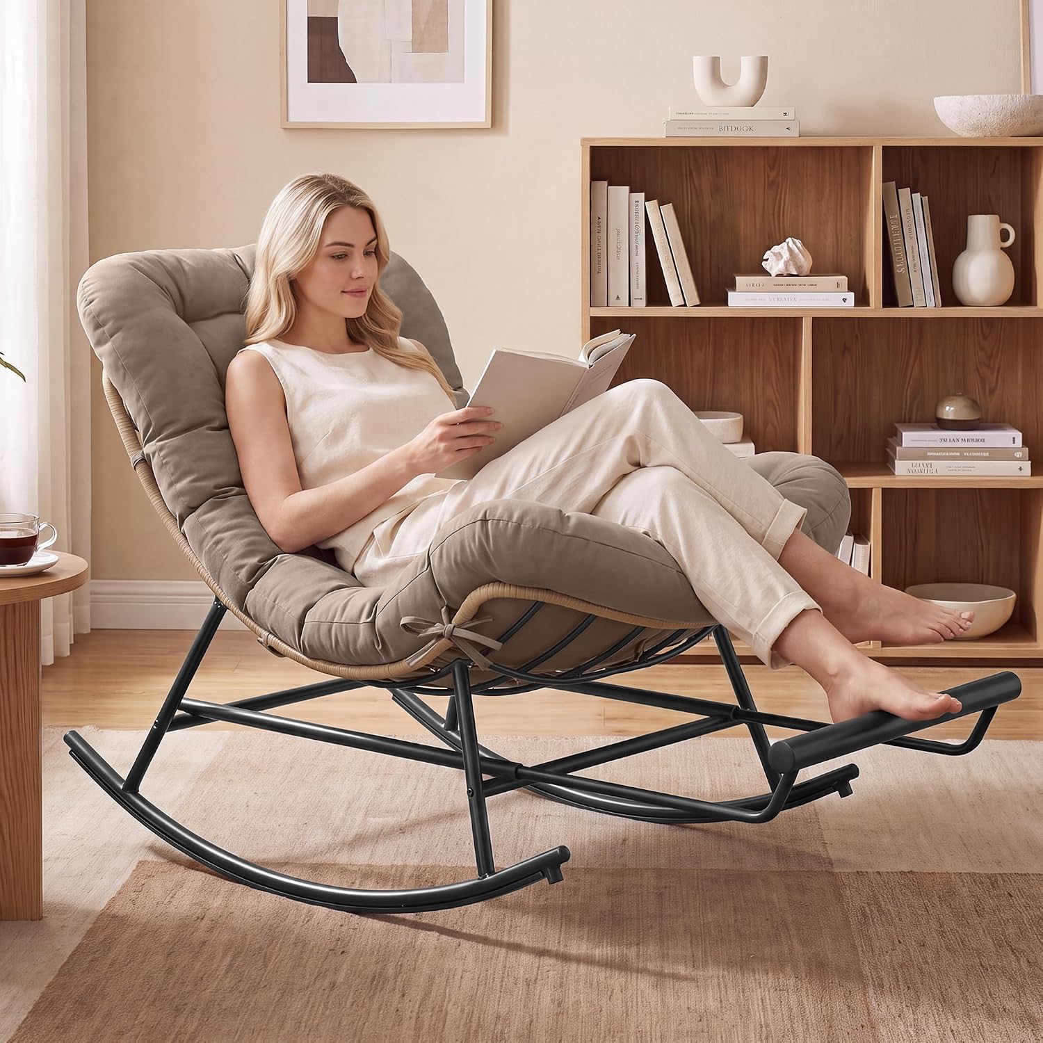 VASAGLE Outdoor Rocking Chair with Extendable Footrest, Removable Cushion | Papasan Chair, Outdoor Furniture, Heavy Duty Rocker, for Porch Patio Garden, Beige, TEOU Collection ULYY062LZ01V1
