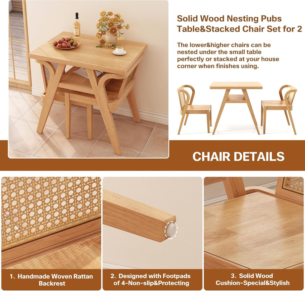 PADMA HOUSE Bistro Stacking Table Chair Set of 3, Wood Rattan Small Dining Table & Chair Set, Nesting Table Chair Set for Tavern, Balcony, Dining, Indoor, Patio-Natural Wood Color