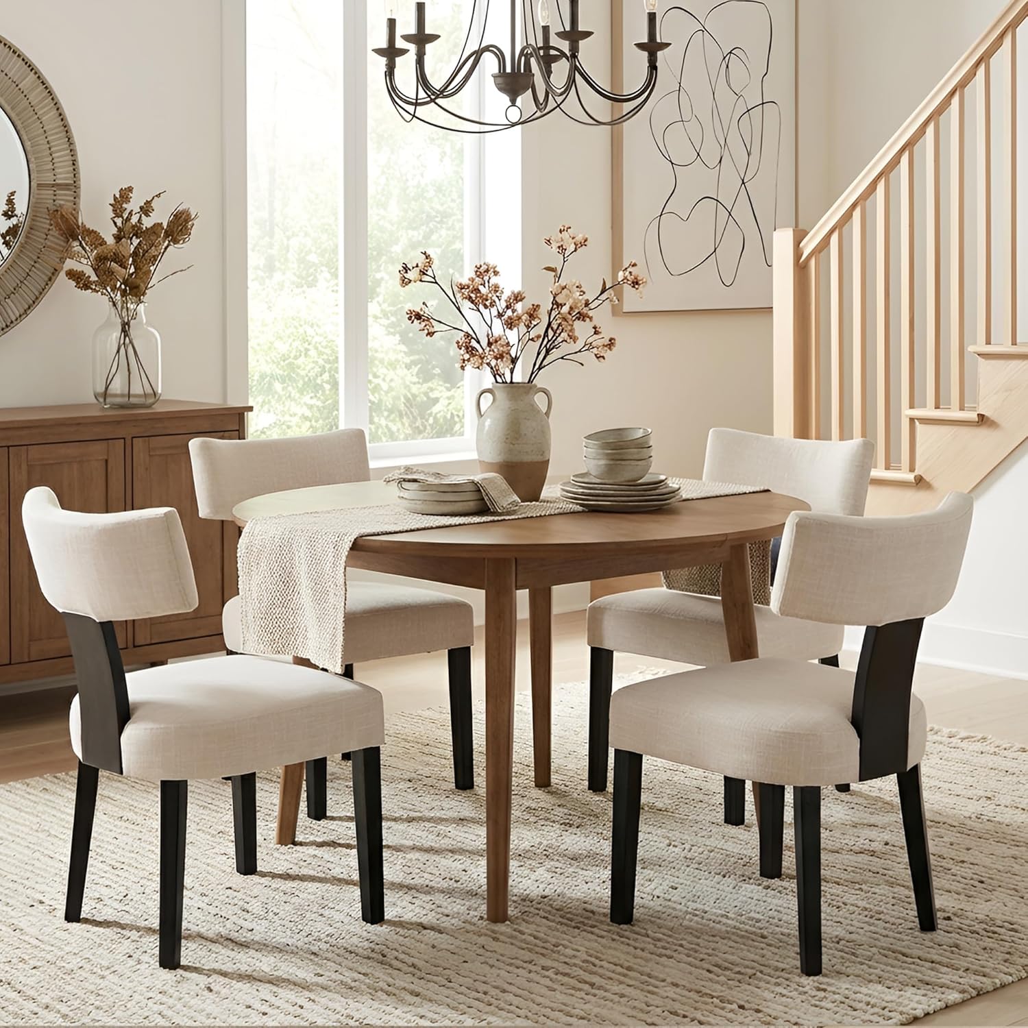 HNY Mid Century Modern Farmhouse Dining Chairs Set of 6, Linen Upholstered Accent Curved Backrest Kitchen Chairs, with Black Hardwood Frame, Beige
