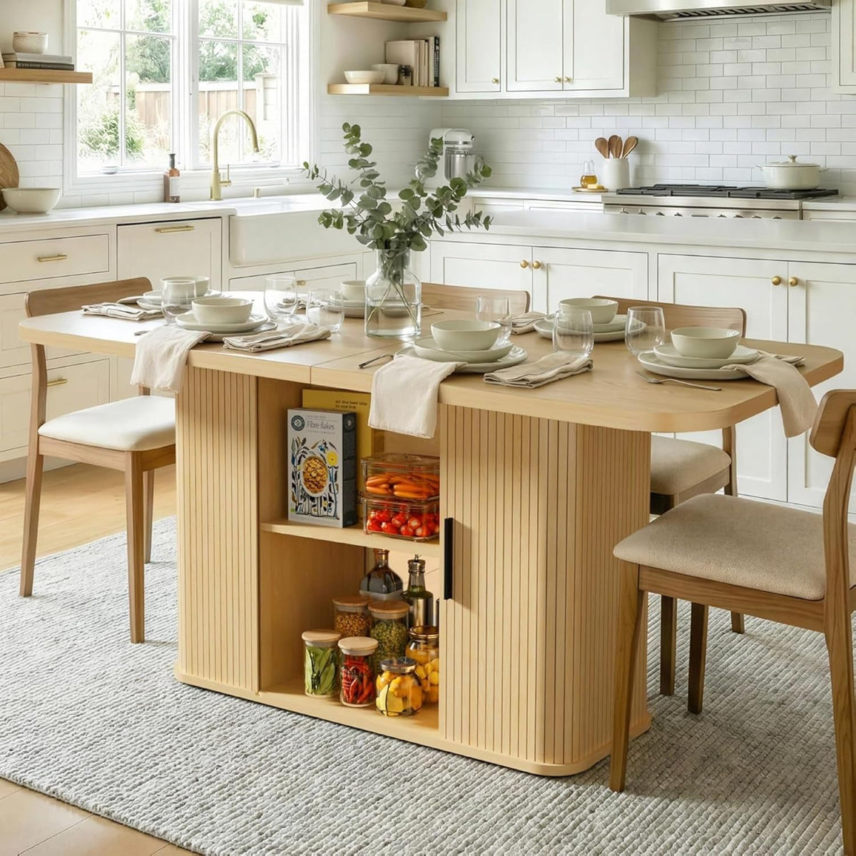 SUNCOZE Mid-Centur Dinner Tables for 4/6/8, 70.9" Rectangle Dining Room Table with Large Tabletop and Sliding Tambour Doors, Fluted Dining Table 2-Layer Storage for Kitchen and Living Room, Wood