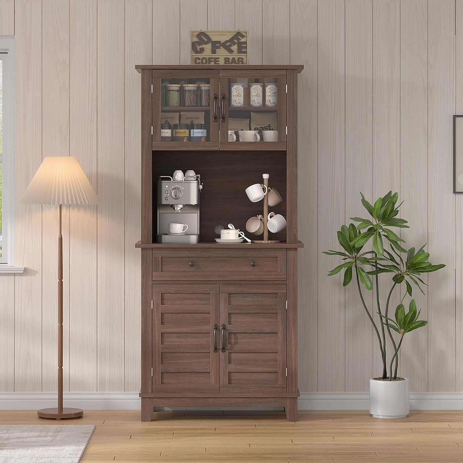 GAOMON 72“ Tall Pantry Cabinet with Drawer, 32” Wide Kitchen Pantry Storage Cabinet with Countertop, Large Kitchen Hutch with Storage Drawers and Doors for Dining Room, Living Room, Brown