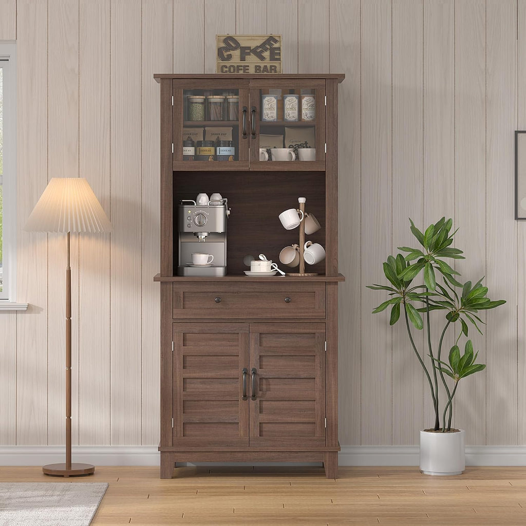 GarveeHome 72 in Tall Kitchen Pantry Cabinet, Kitchen Hutch Bar Cabinet with Microwave Stand, Cupboard with Drawers & 2 Glass Doors for Dining Room, Living Room, Kitchen, Dark Brown