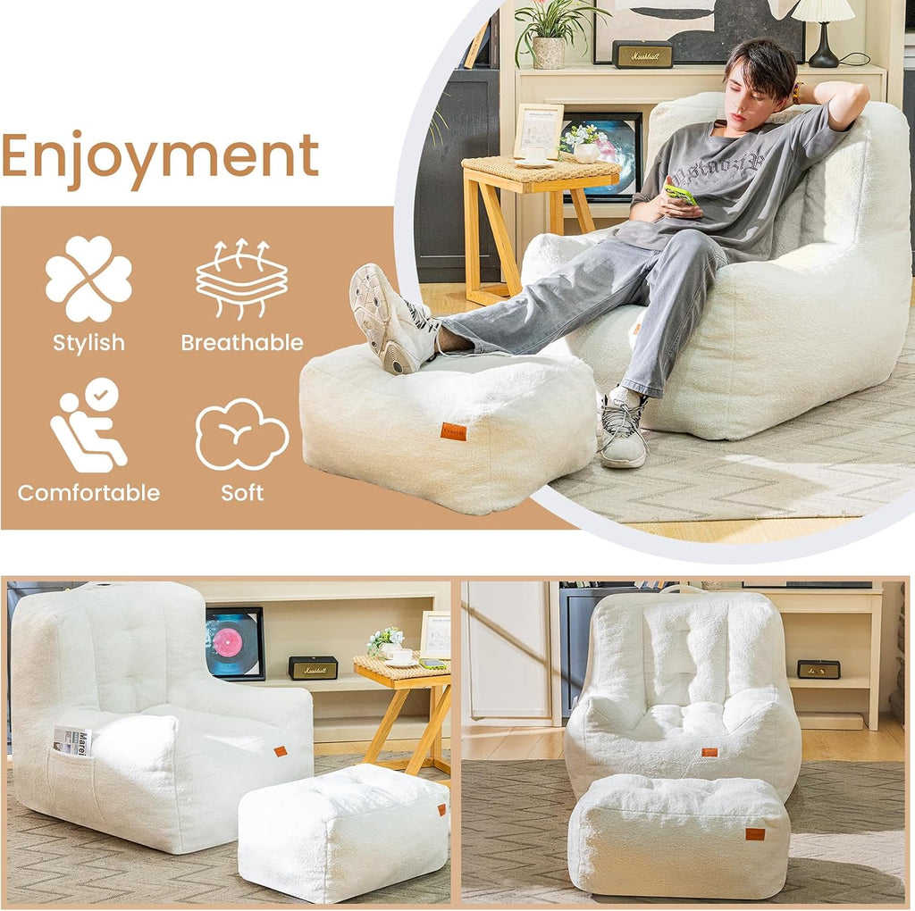 Cvortll Giant Bean Bag Chair for Adults with Ottoman, High-Density Oversized Bean Bag Sofa, Cozy Lazy Comfy Floor Sofa for Bedroom, Reading Chair for Living Room, White