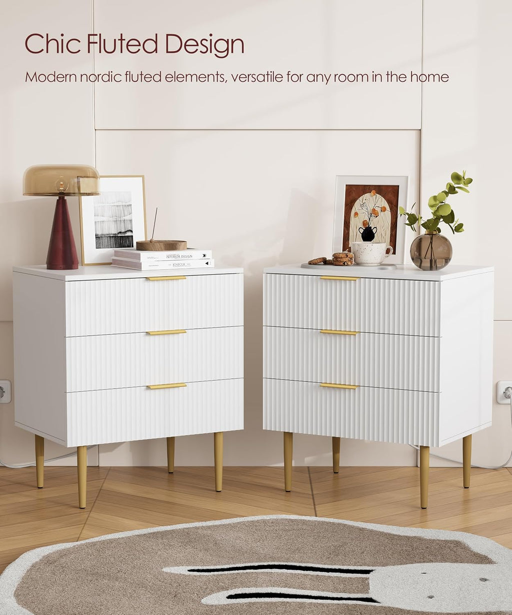 Akxomel Fluted Nightstand Side Table with Charging Station White Bedroom | 3 Drawer Nightstand with Charging Station, Modern Bedside Table, 15.7"D x 23.2"W x 27.5"H, for Bedroom