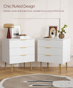 Akxomel Fluted Nightstand Side Table with Charging Station White Bedroom | 3 Drawer Nightstand with Charging Station, Modern Bedside Table, 15.7"D x 23.2"W x 27.5"H, for Bedroom