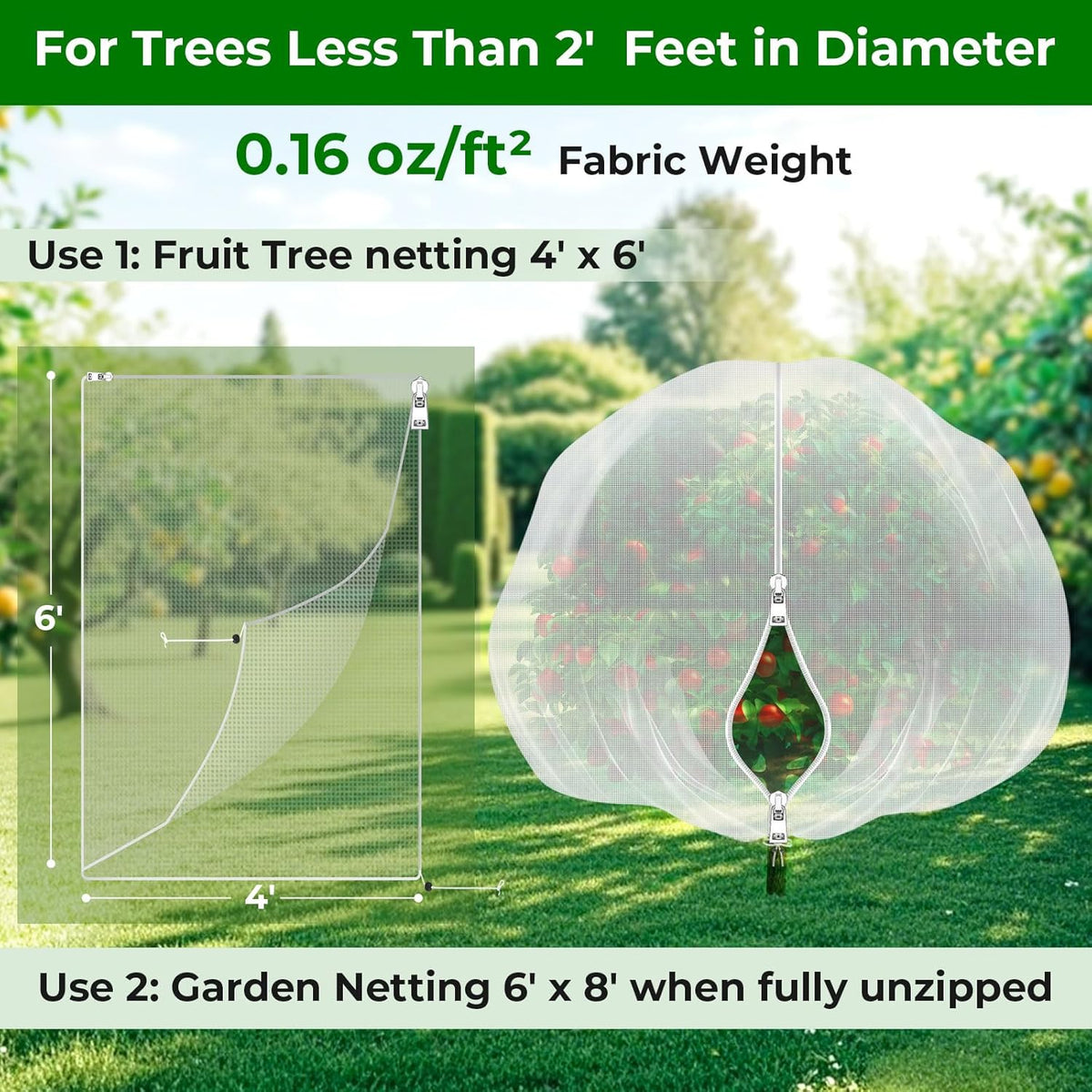 Fruit Tree Netting with 2-Way Zipper & Drawstring - 4'x6' Garden Plant Net Pest Barrier to Prevent Cicadas Bird Squirrel Deer - Bug Protection for Blueberry Tomato with Fine Mesh Insect Cover (4 Pack)