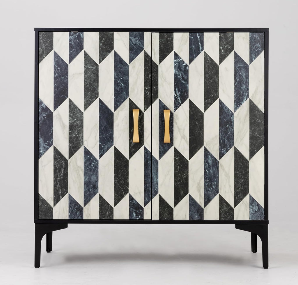 Anbuy Faux Marble Doors Sideboard Buffet Cabinbet with Storage Dining Room Buffet Cupboard Console Table Hallway, Liquor/Accent Cabinet/Geometric Cabinet, 30.7 X 15.75X 31.5 Inches(Black)