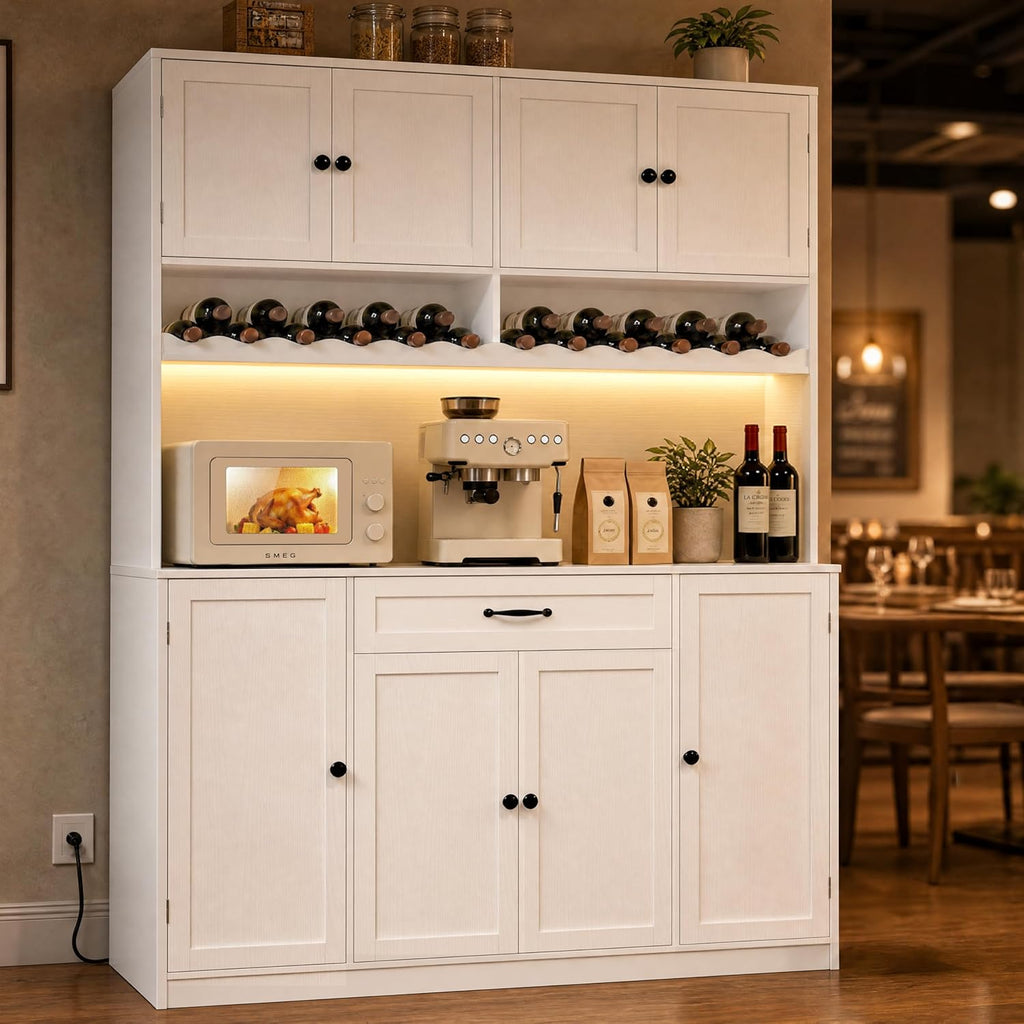 FJTJBSI 72" Tall Pantry Storage Cabinet with LED Light 55" Wide Kitchen Pantry Cabinet with Charging Station and Adjustable Shelves Modern Kitchen Hutch with Wine Rack and Large Countertop White