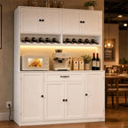 FJTJBSI 72" Tall Pantry Storage Cabinet with LED Light 55" Wide Kitchen Pantry Cabinet with Charging Station and Adjustable Shelves Modern Kitchen Hutch with Wine Rack and Large Countertop White