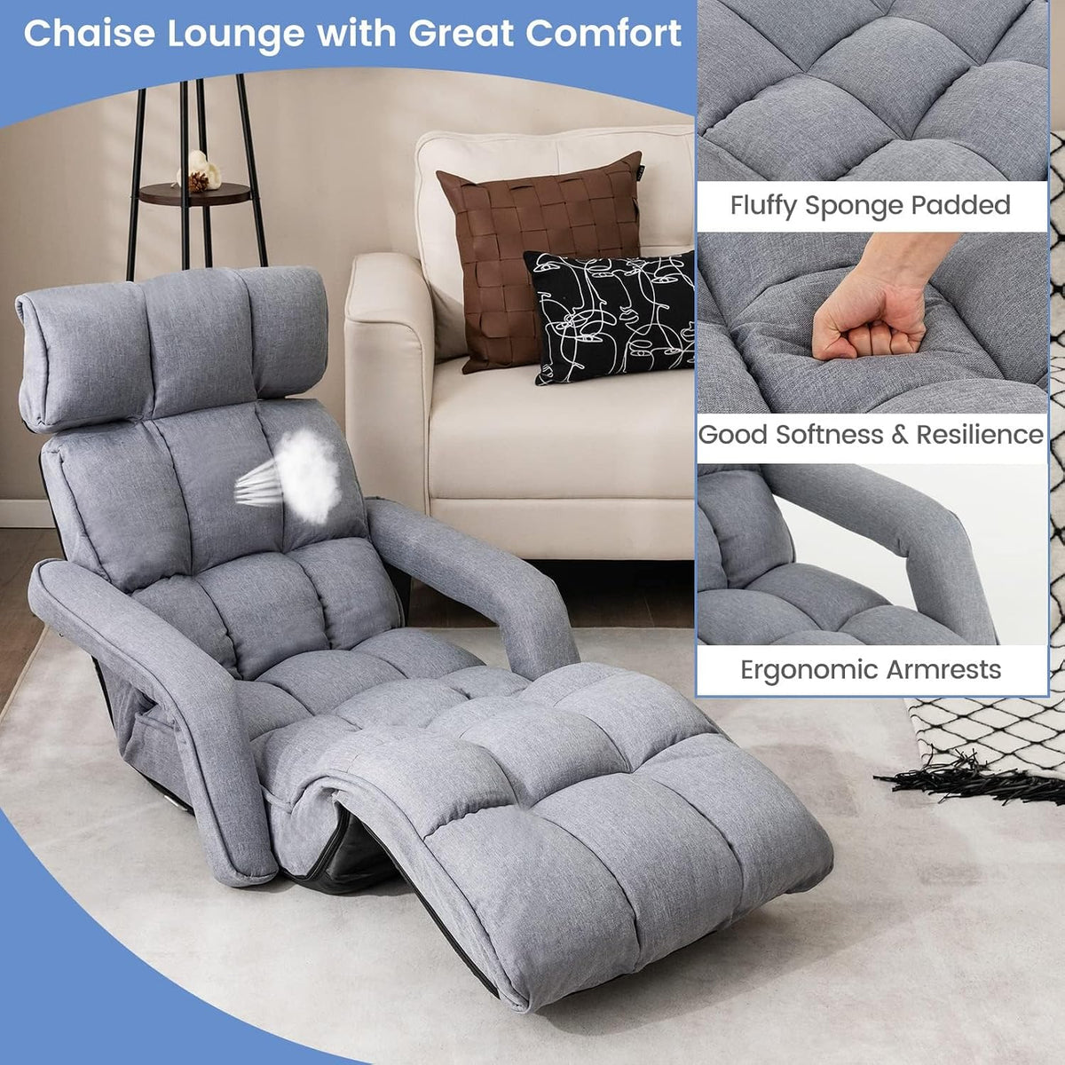 DORTALA Foldable Lazy Floor Sofa, Indoor Chaise Lounge Sofa, 6-Position Folding Padded Lounger Bed with Adjustable Armrest, Backrest and Footrest for Living Room, Bedroom, Office, Gray