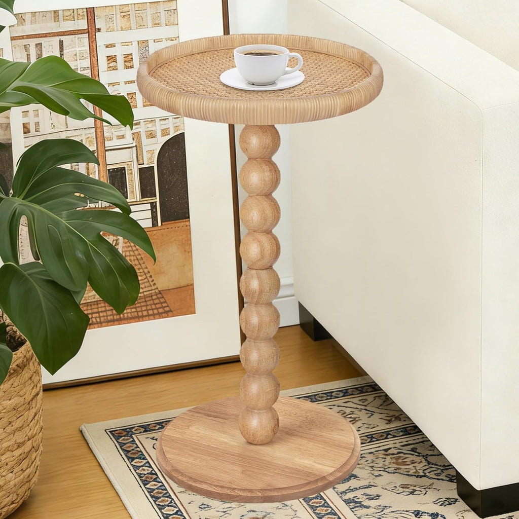 Drink Table, Boho Rattan Small Round Side Table for Small Spaces, Solid Wood Circle End Table for Living Room, Pedestal Table for Couch, Bedroom, Corners, Natural