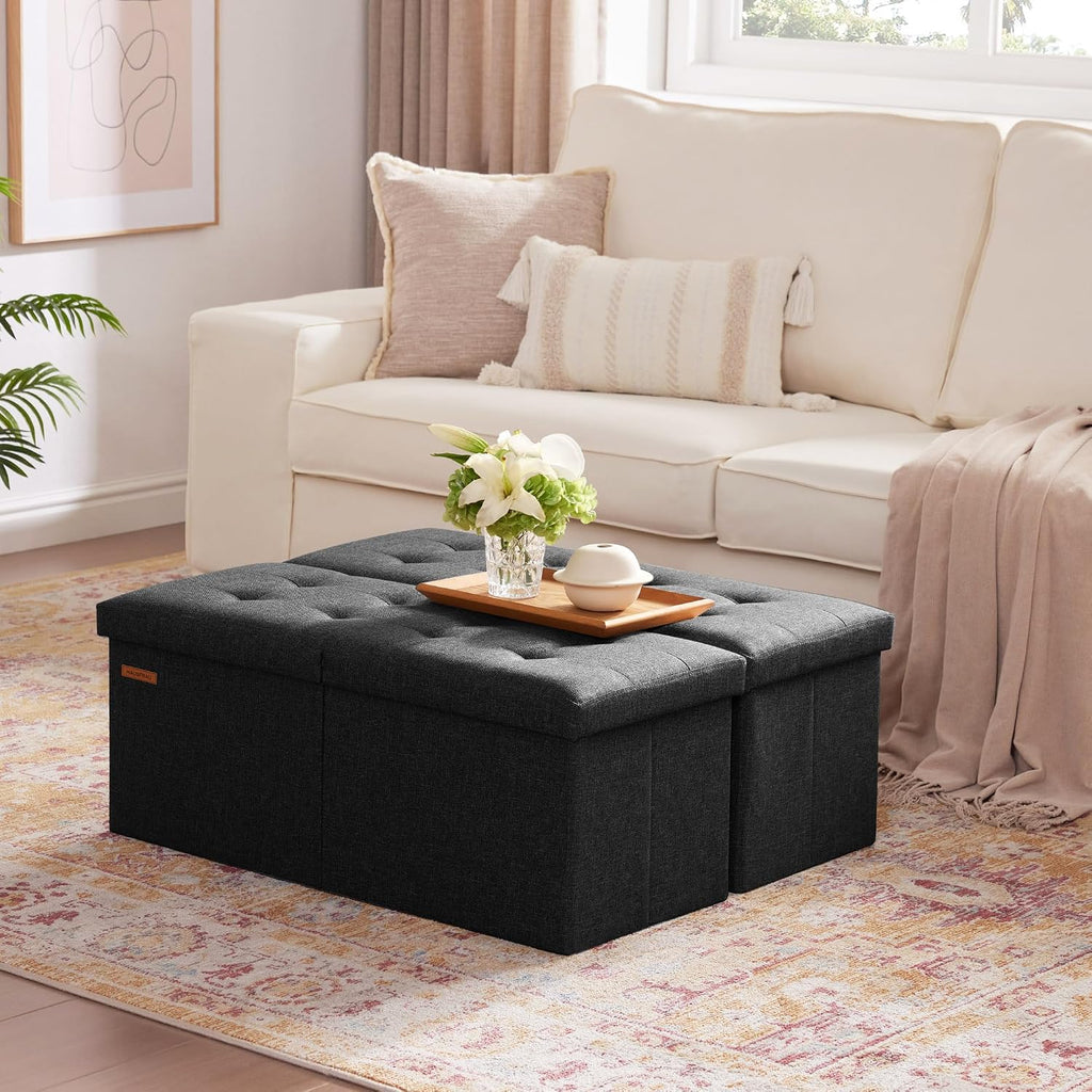 HAUSFRAU Ottoman with Storage Bench Folding Foot Rest Stool Linen Black | 31.5", Flip Lid, Small Upholstered Foldable Footrest Footstool, Bedroom Bench, Living Room Dorm Ottoman, Rectangle