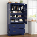 Farmhouse Kitchen Pantry Cabinet, Tall Freestanding Cupboard with Pull-Out Trays, Drawers and Cake Pan Storage Organizer for Kitchen, Dining Room (Blue)