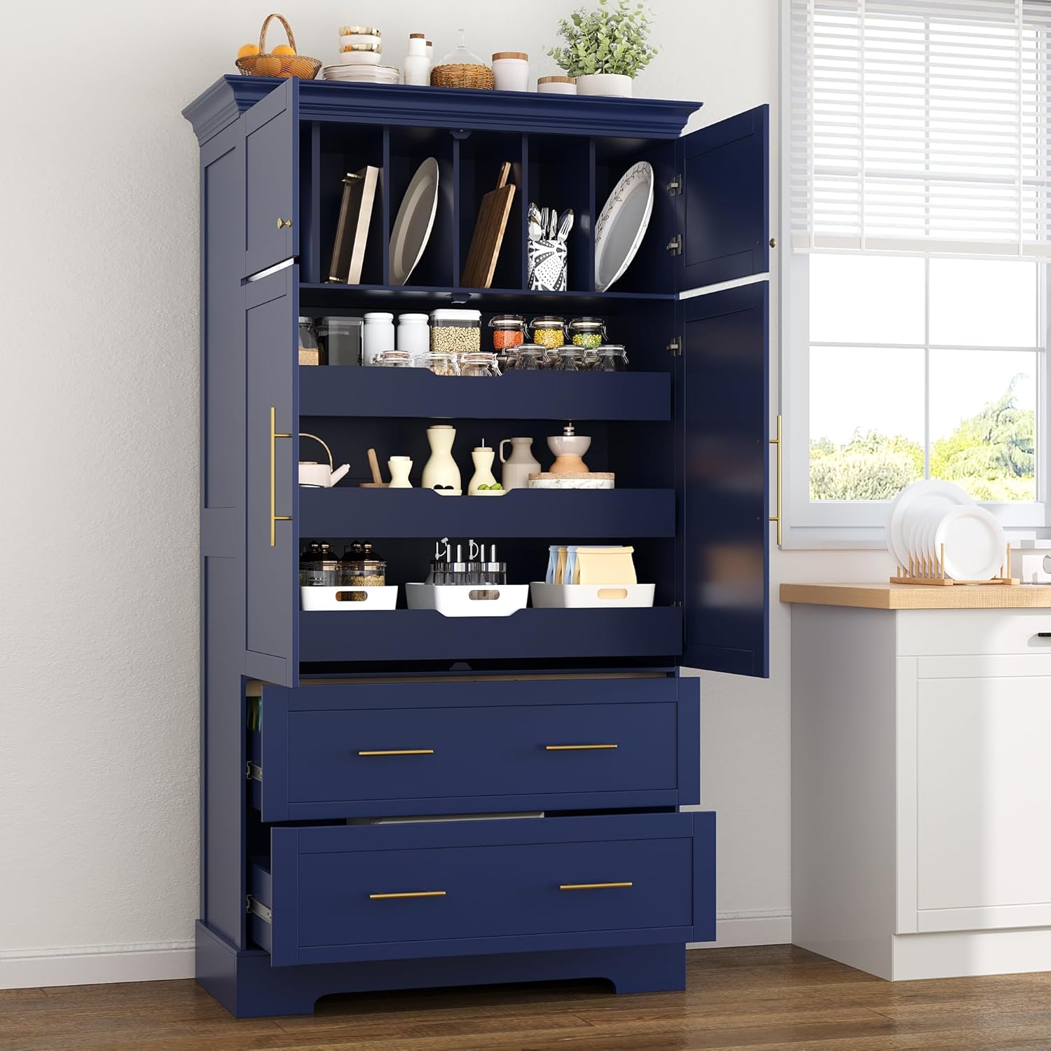 Farmhouse Kitchen Pantry Cabinet, Tall Freestanding Cupboard with Pull-Out Trays, Drawers and Cake Pan Storage Organizer for Kitchen, Dining Room (Blue)
