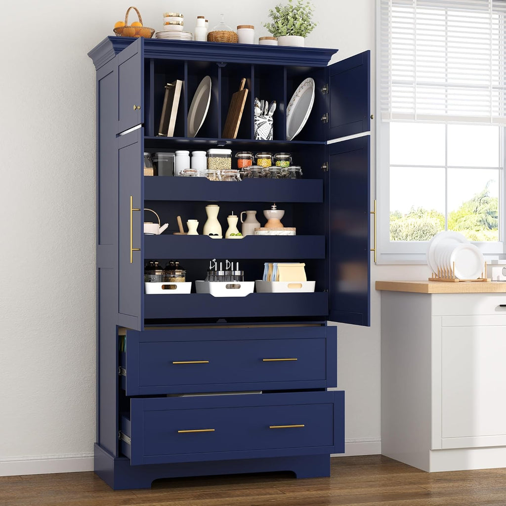 Polibi Farmhouse Freestanding Kitchen Pantry Cabinet, 40" Wide 4-Door Storage with Pull-Out Trays, Drawers & Cake Pan Organizer, Shaker Style in Blue