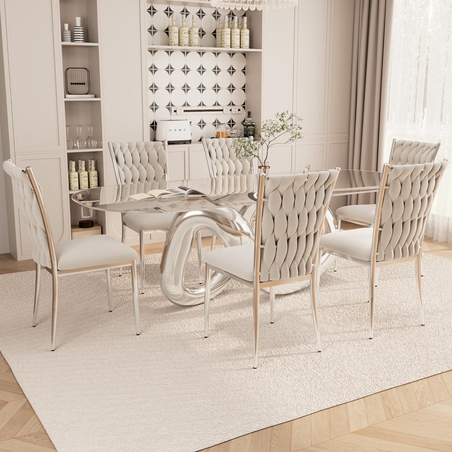 Velvet Dining Chairs Set of 6, Modern Woven Kitchen Chairs with Silver Metal Legs, Upholstered Cushion with High Back, Dirt Resistance, Easy to Install, for Living Room, Dining Room - Light Grey