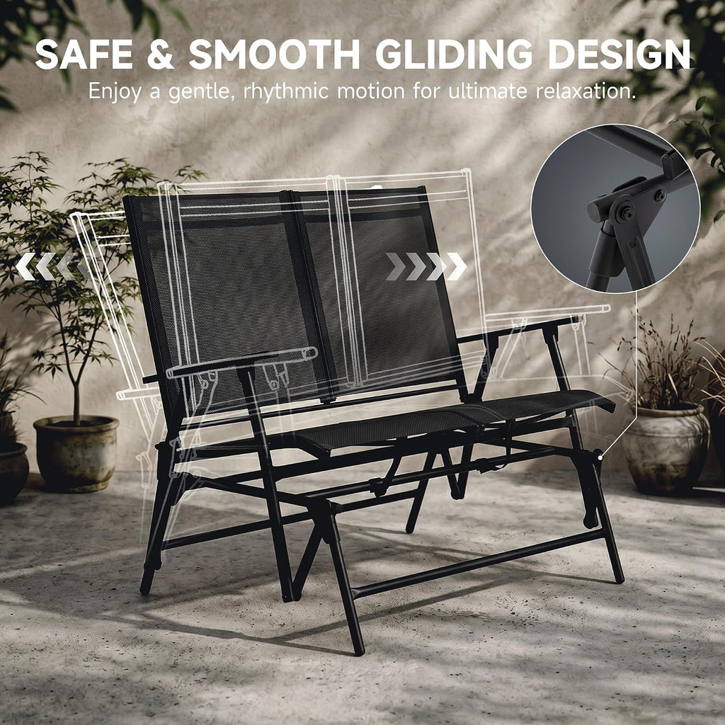 Zedachica 2-Person Outdoor Glider Bench No Assembly Required, Glider Loveseat for Outside Patio with Smooth Rocking, Patio Glider with Steel Frame for Porch Deck Backyard Garden (Loveseat, Black)