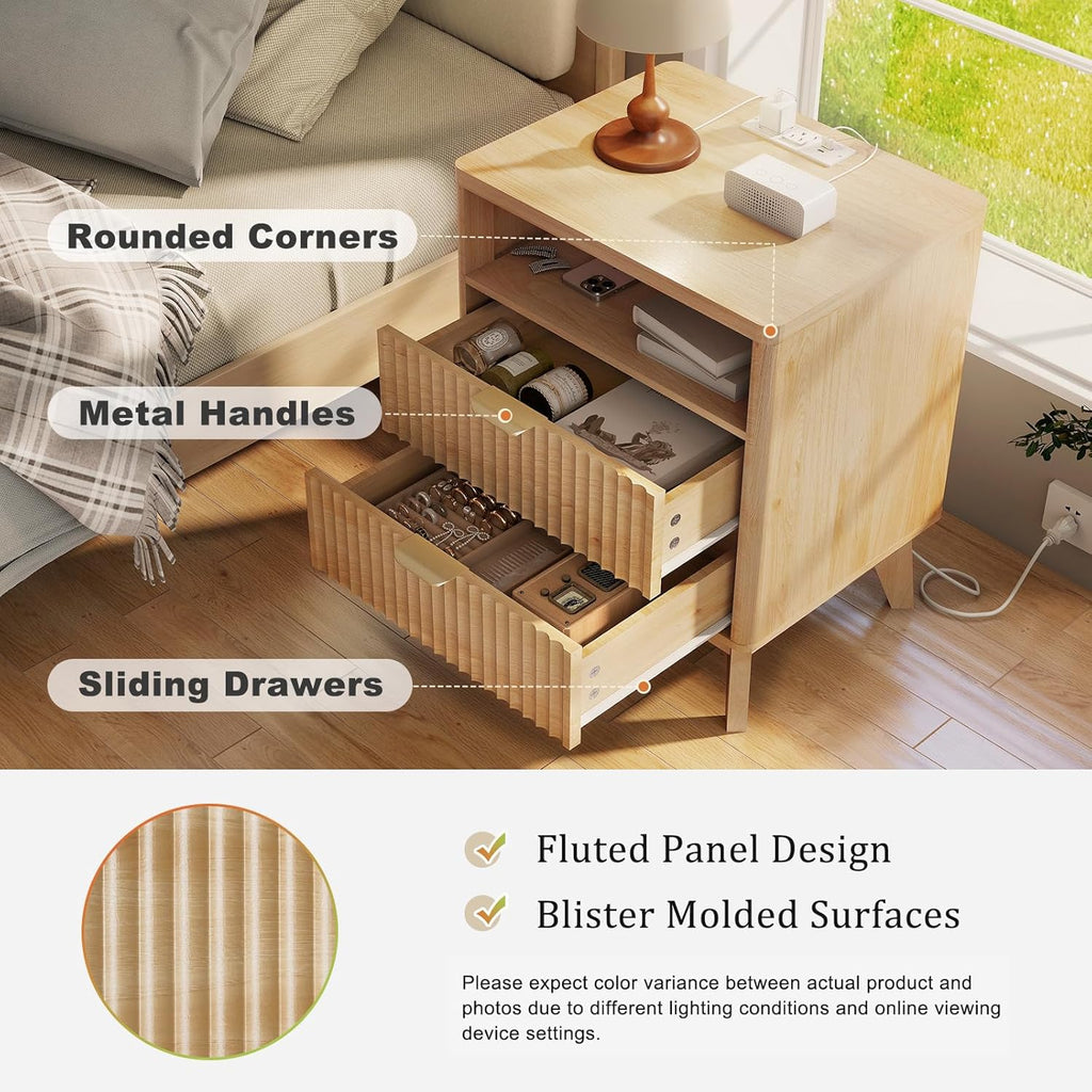LYNCOHOME Fluted Nightstand with Charging Station, 19.7 inch Wide End Table with 2 Drawers, Modern Wood Bedside Table for Bedroom,Natural,1 Pcs